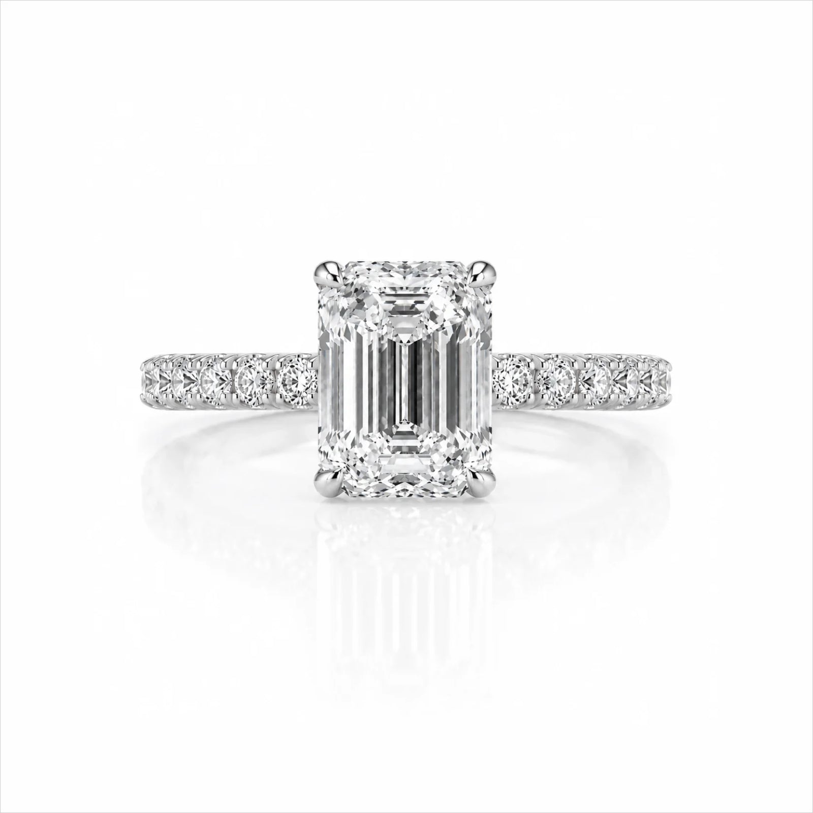 Emerald-Cut Lab-Grown Diamond Solitaire Ring with Pavé Band - White