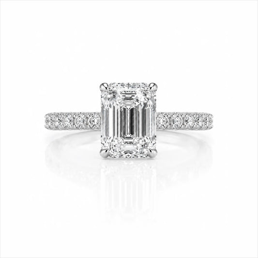 Emerald-Cut Lab-Grown Diamond Solitaire Ring with Pavé Band - White