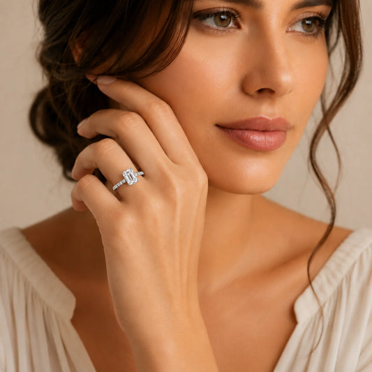 Emerald-Cut Lab-Grown Diamond Solitaire Ring with Pavé Band - White
