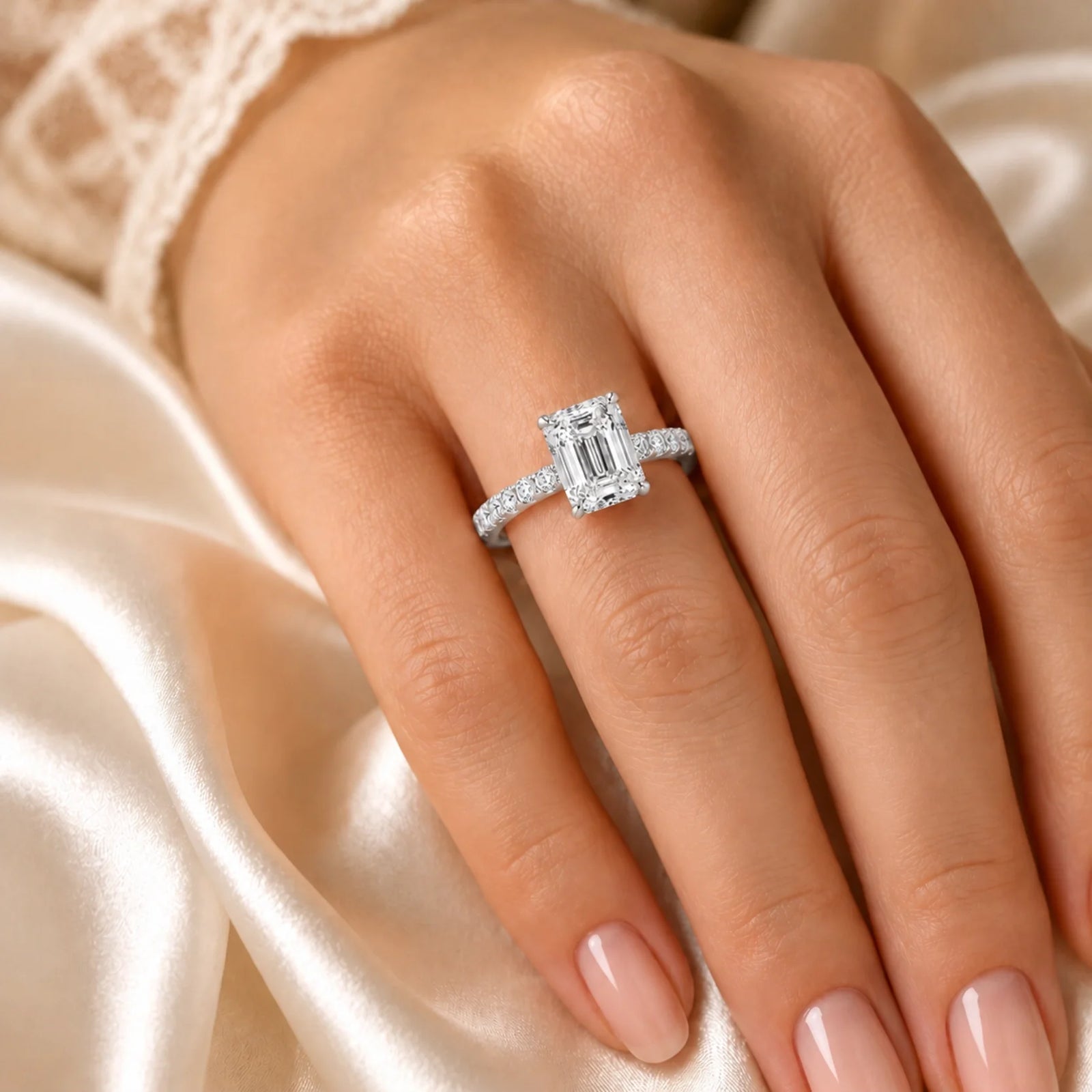 Emerald-Cut Lab-Grown Diamond Solitaire Ring with Pavé Band - White