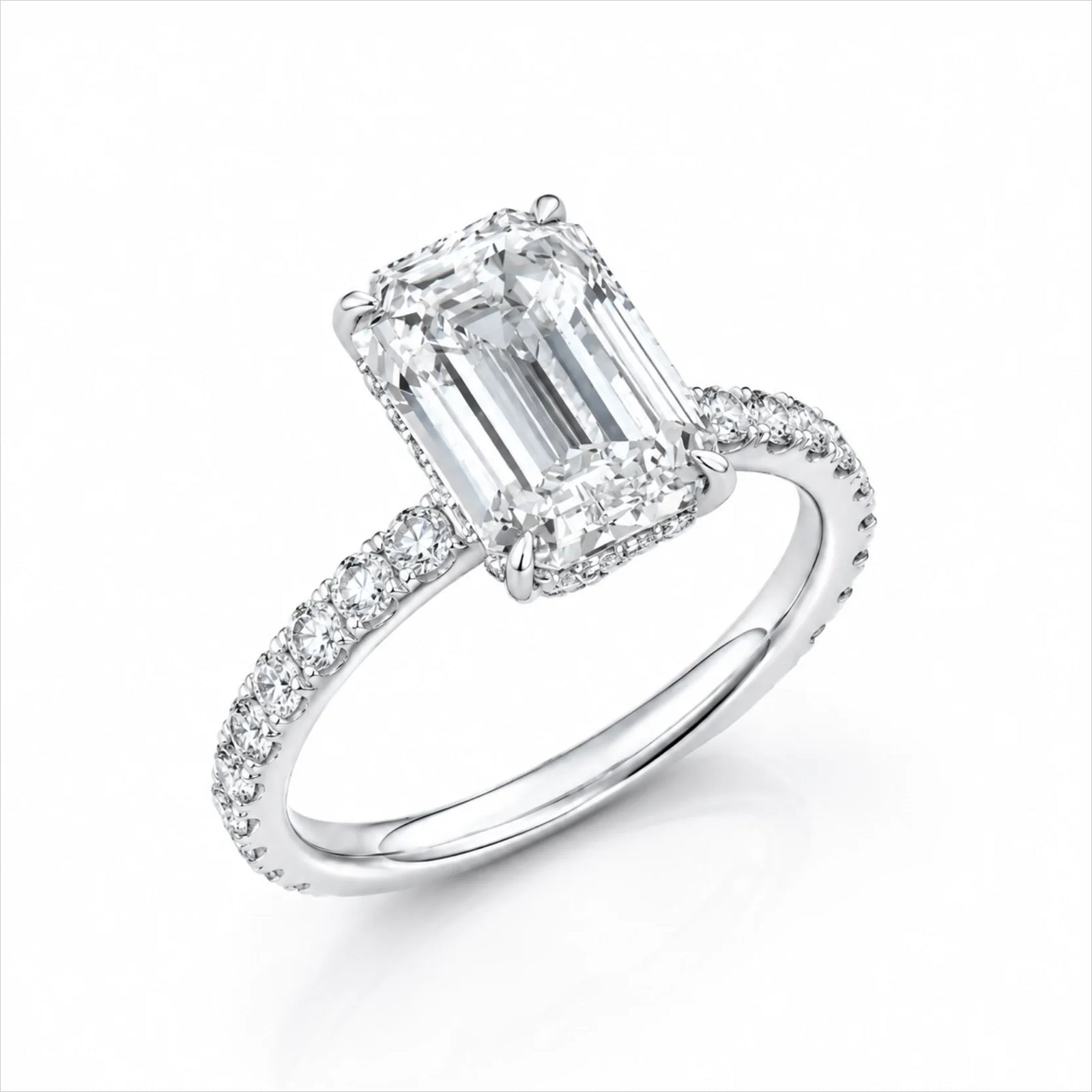 Emerald-Cut Lab-Grown Diamond Solitaire Ring with Pavé Band - White