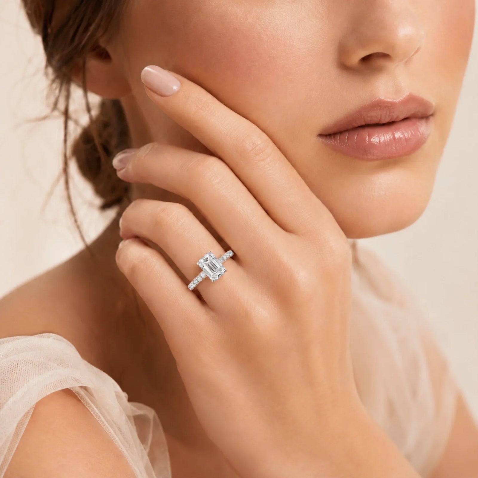 Emerald-Cut Lab-Grown Diamond Solitaire Ring with Pavé Band - White