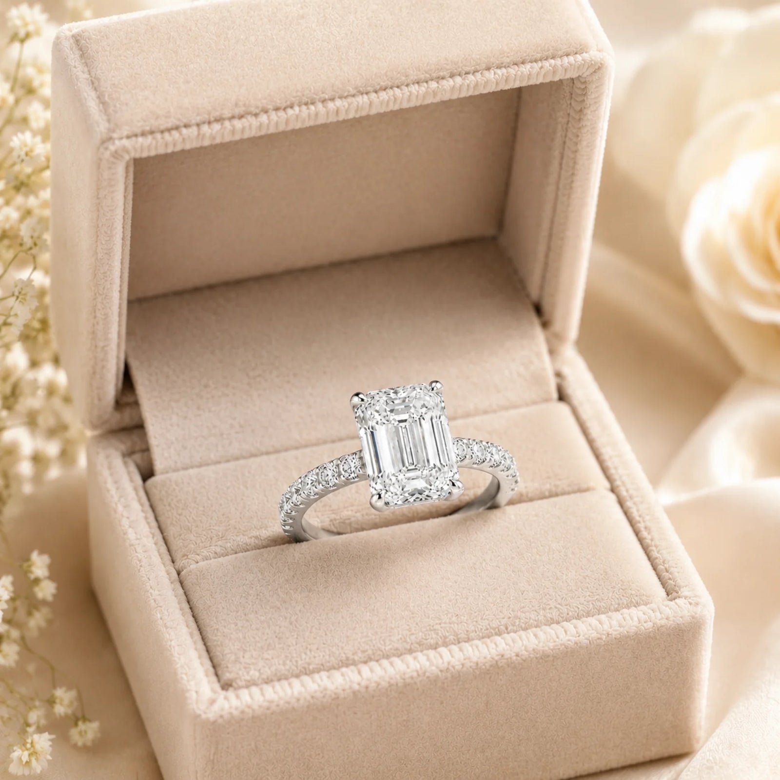 Emerald-Cut Lab-Grown Diamond Solitaire Ring with Pavé Band - White