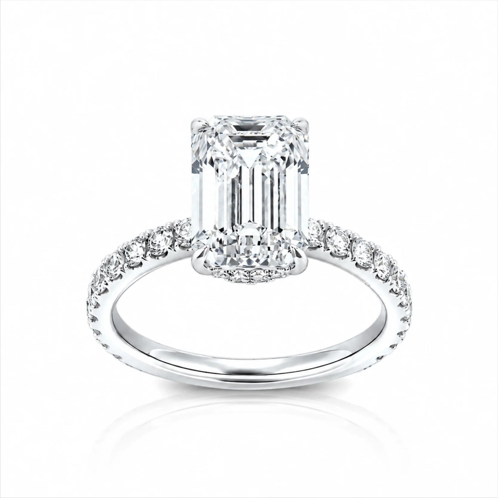Emerald-Cut Lab-Grown Diamond Solitaire Ring with Pavé Band - White