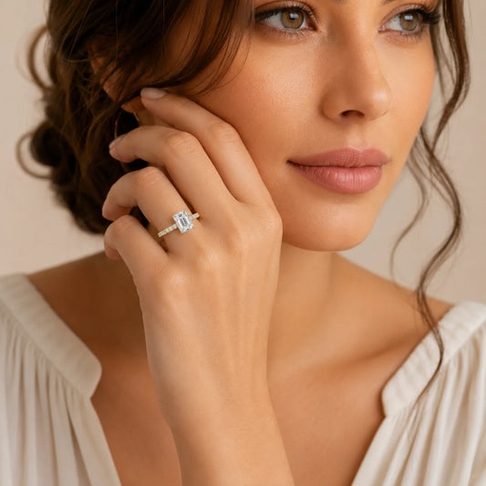 Emerald-Cut Lab-Grown Diamond Solitaire Ring with Pavé Band - Yellow