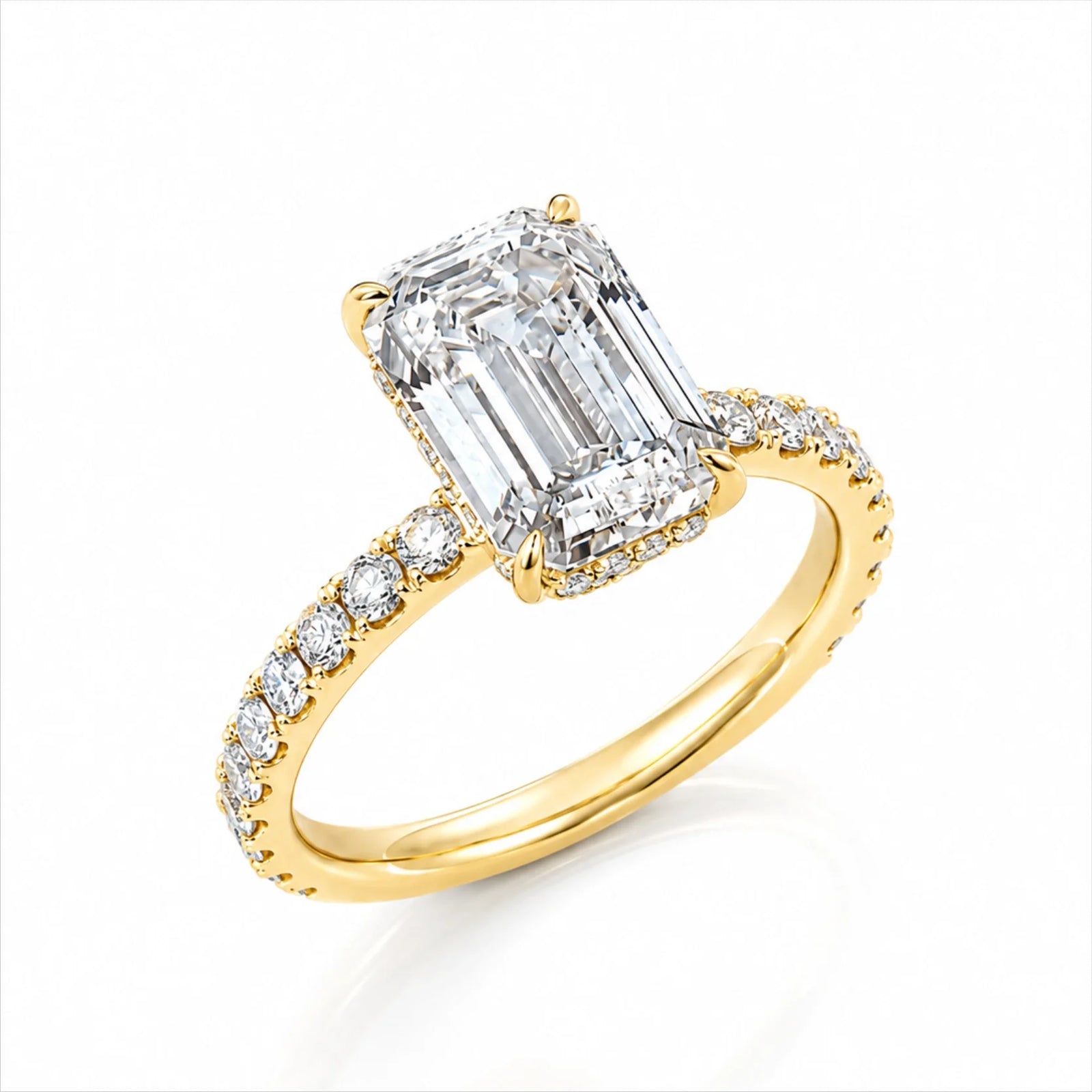 Emerald-Cut Lab-Grown Diamond Solitaire Ring with Pavé Band - Yellow