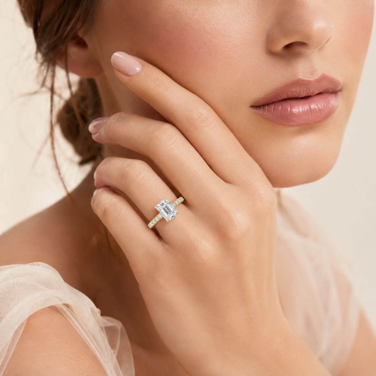 Emerald-Cut Lab-Grown Diamond Solitaire Ring with Pavé Band - Yellow