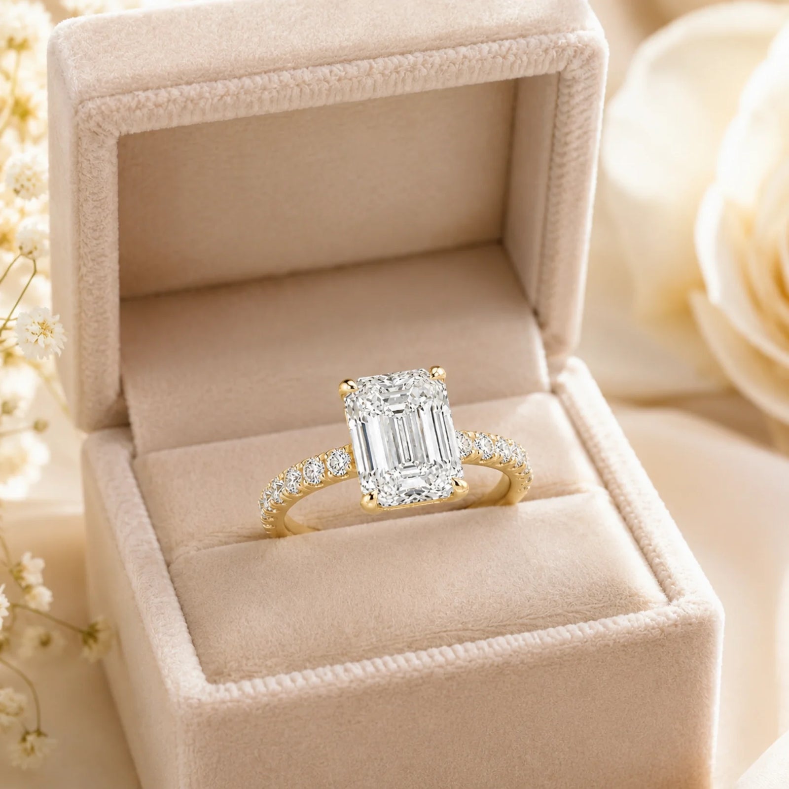 Emerald-Cut Lab-Grown Diamond Solitaire Ring with Pavé Band - Yellow