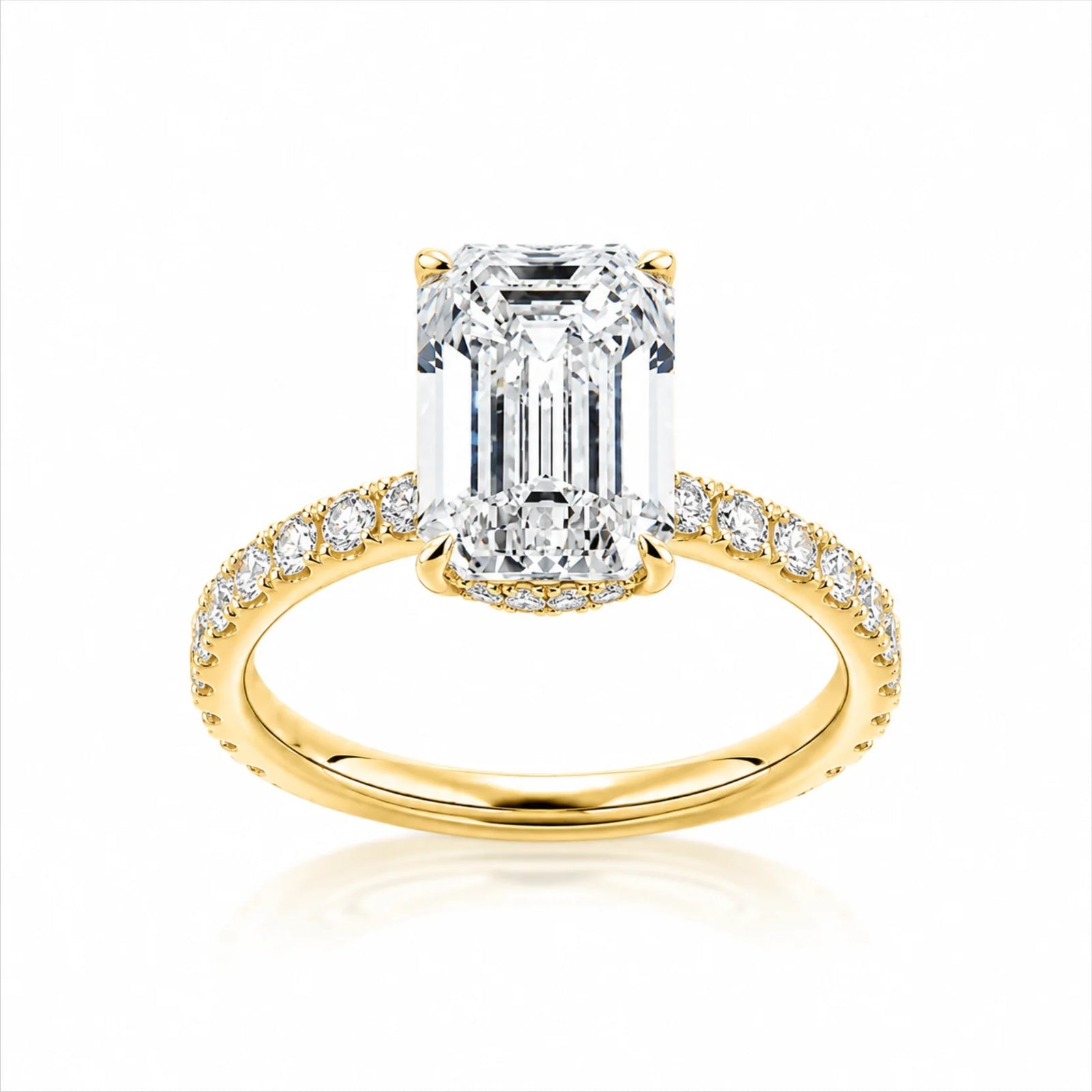 Emerald-Cut Lab-Grown Diamond Solitaire Ring with Pavé Band - Yellow