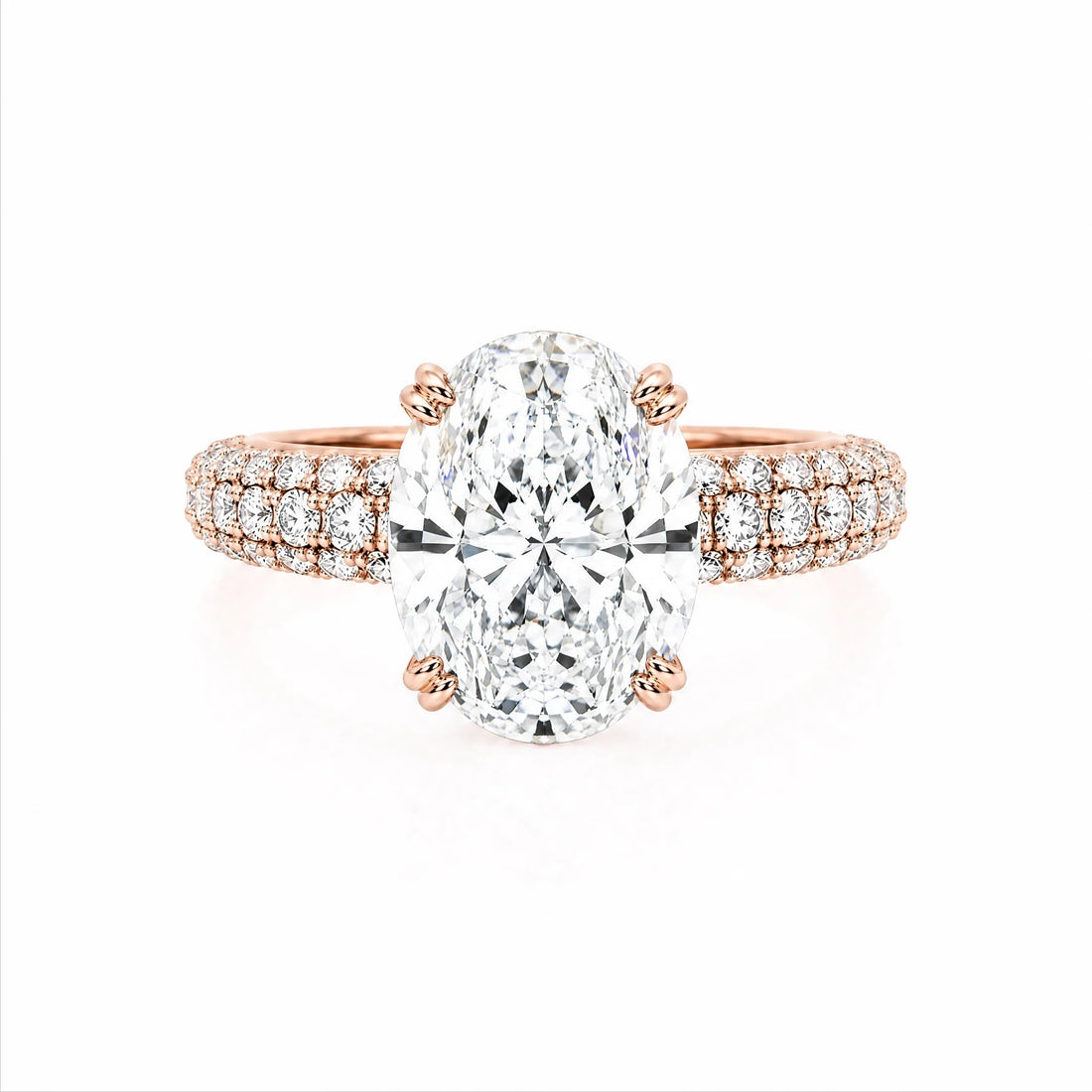 Oval Lab-Grown Diamond Solitaire Ring with Three-Row Pavé Band - Rose Gold