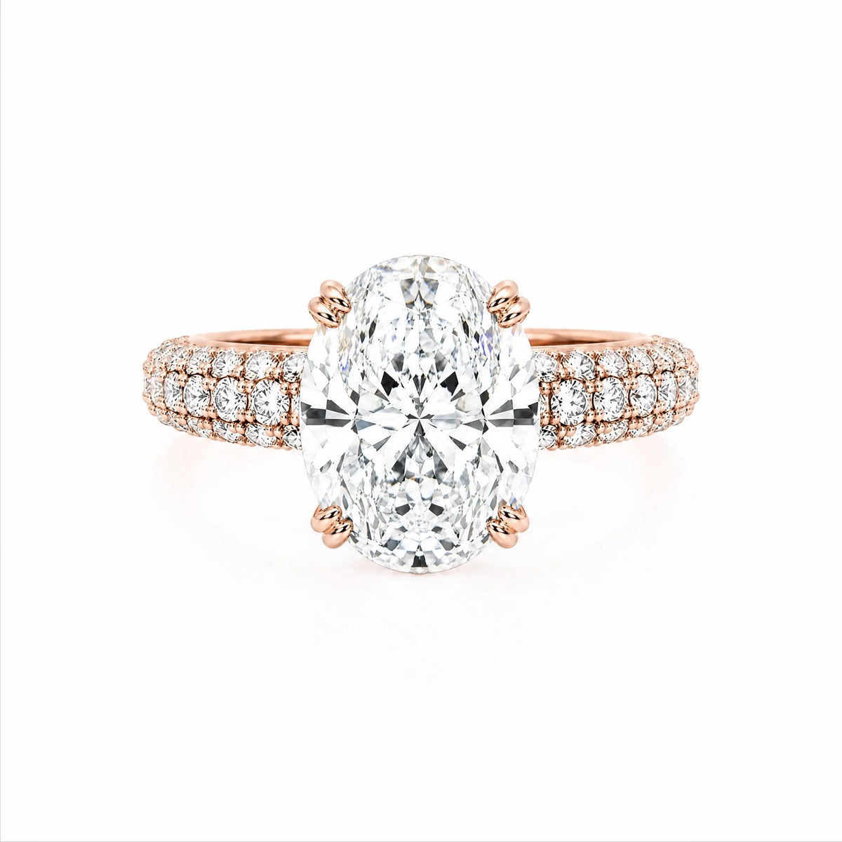 Oval Lab-Grown Diamond Solitaire Ring with Three-Row Pavé Band - Rose