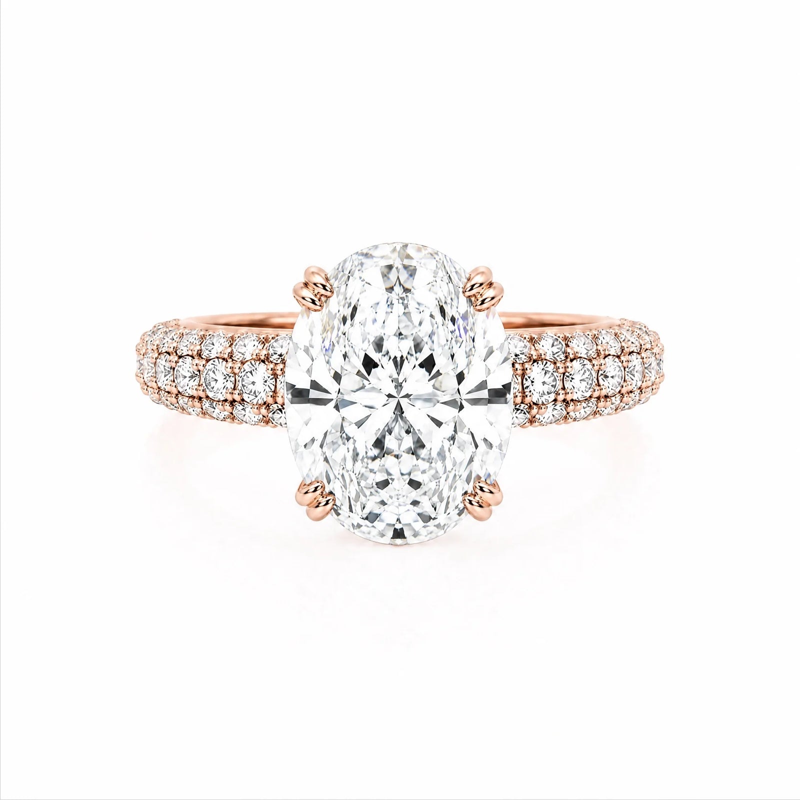 Oval Lab-Grown Diamond Solitaire Ring with Three-Row Pavé Band - Rose