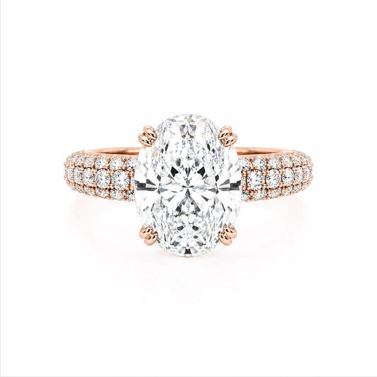 Oval Lab-Grown Diamond Solitaire Ring with Three-Row Pavé Band - Rose