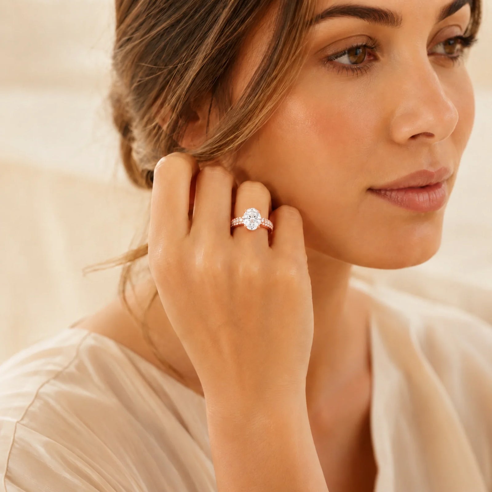 Oval Lab-Grown Diamond Solitaire Ring with Three-Row Pavé Band - Rose