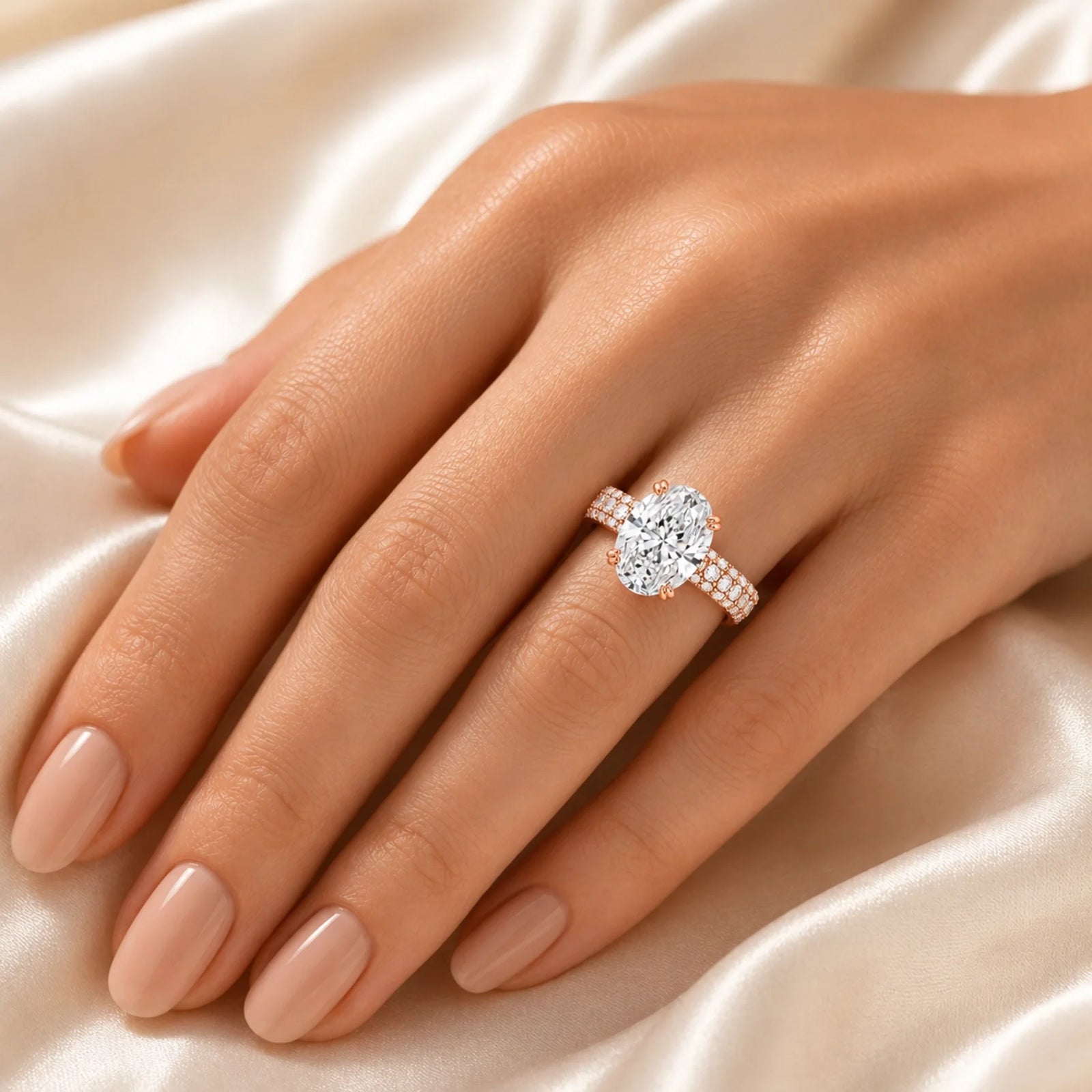 Oval Lab-Grown Diamond Solitaire Ring with Three-Row Pavé Band - Rose