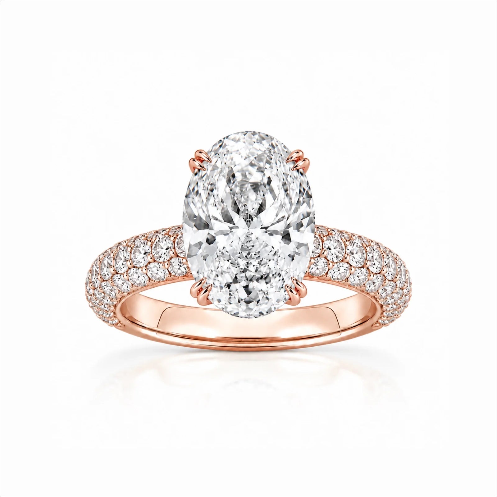 Oval Lab-Grown Diamond Solitaire Ring with Three-Row Pavé Band - Rose