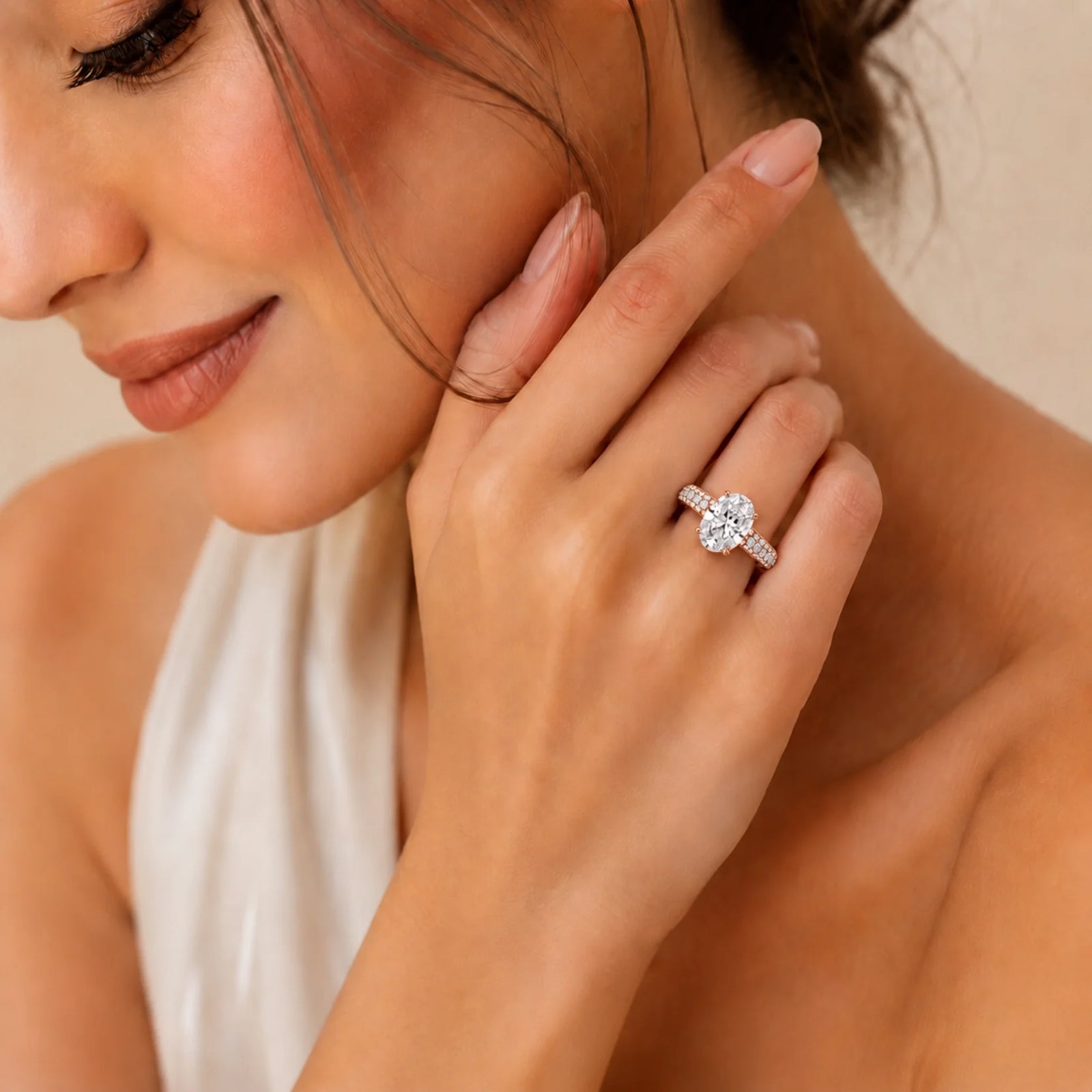 Oval Lab-Grown Diamond Solitaire Ring with Three-Row Pavé Band - Rose