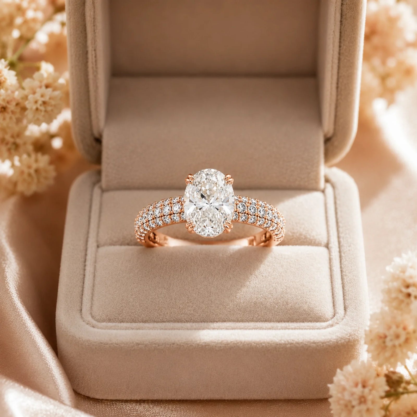 Oval Lab-Grown Diamond Solitaire Ring with Three-Row Pavé Band - Rose