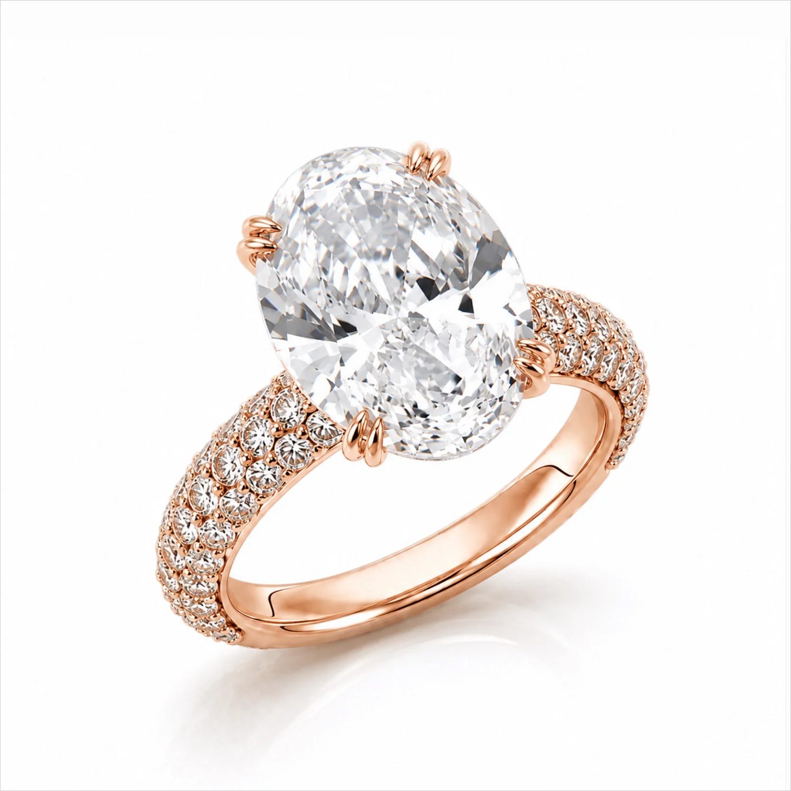 Oval Lab-Grown Diamond Solitaire Ring with Three-Row Pavé Band - Rose