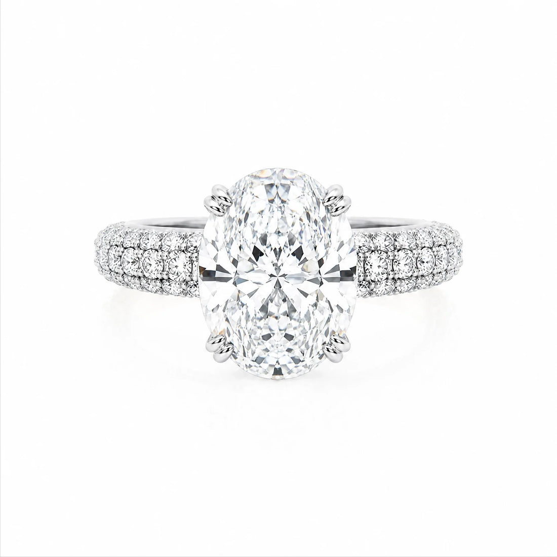 Oval Lab-Grown Diamond Solitaire Ring with Three-Row Pavé Band - White Gold