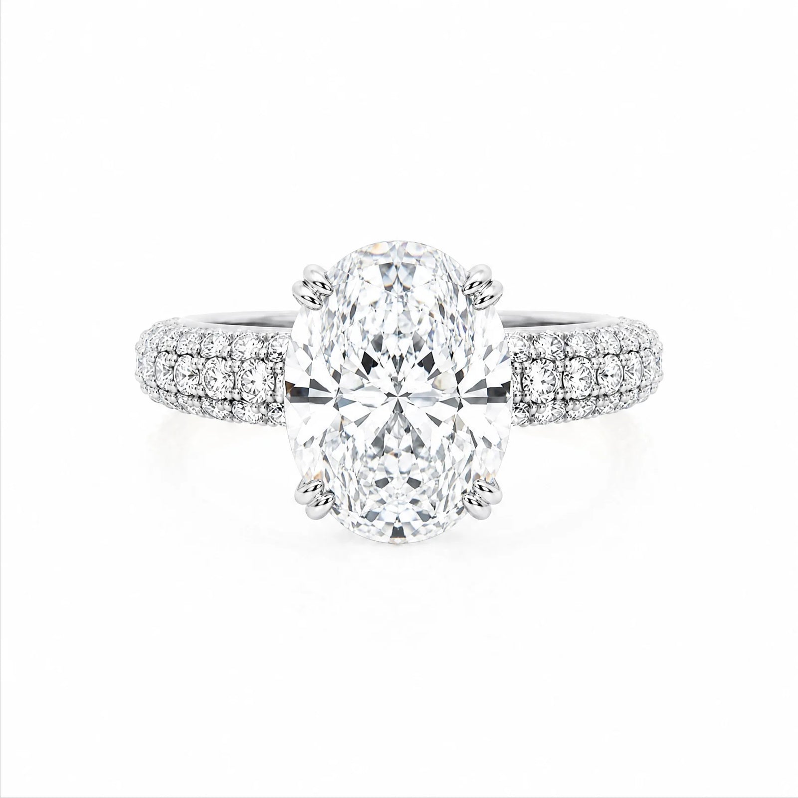 Oval Lab-Grown Diamond Solitaire Ring with Three-Row Pavé Band - White