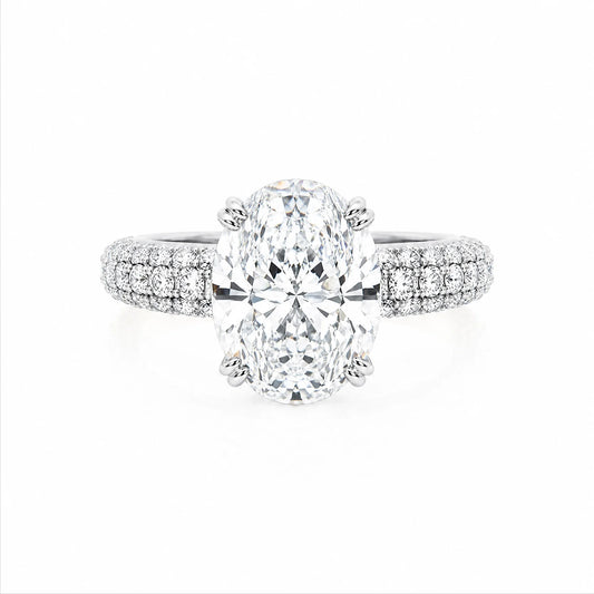 Oval Lab-Grown Diamond Solitaire Ring with Three-Row Pavé Band - White