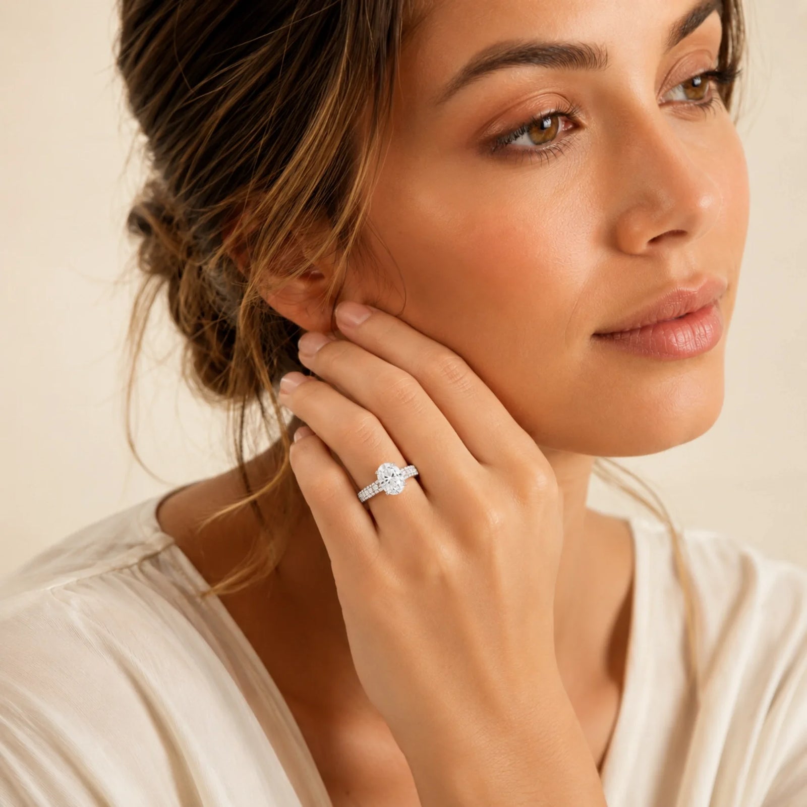 Oval Lab-Grown Diamond Solitaire Ring with Three-Row Pavé Band - White