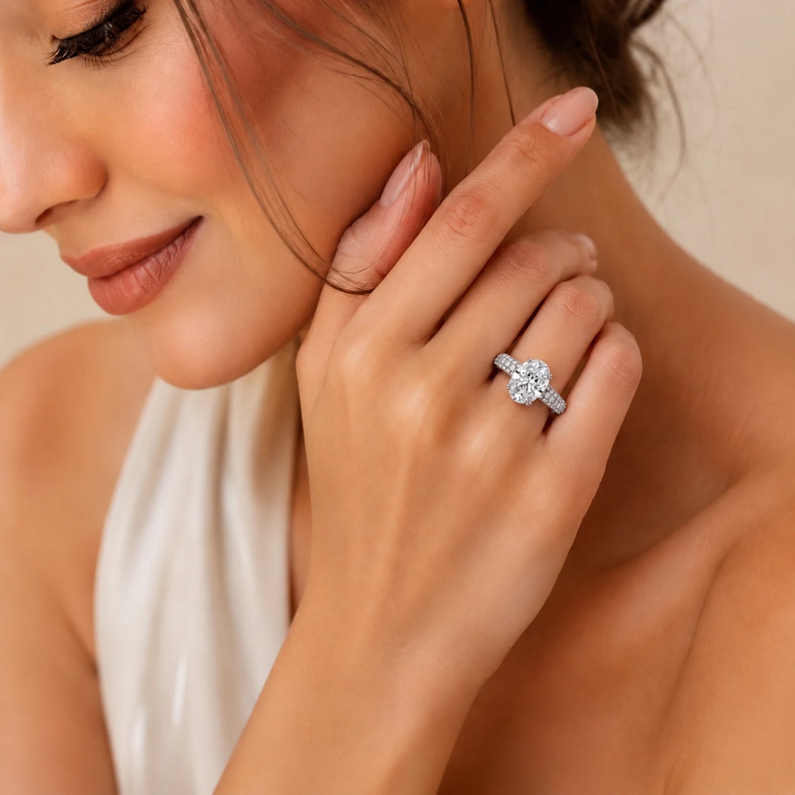 Oval Lab-Grown Diamond Solitaire Ring with Three-Row Pavé Band - White