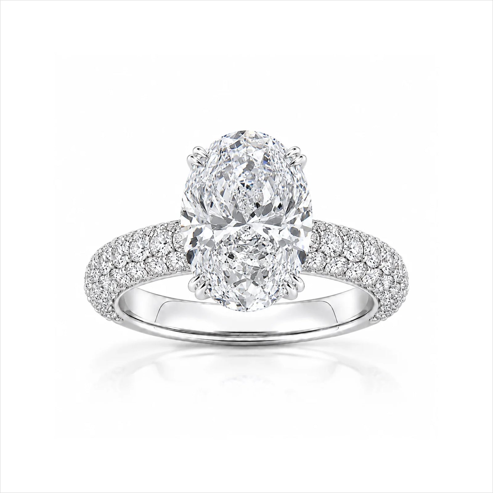Oval Lab-Grown Diamond Solitaire Ring with Three-Row Pavé Band - White