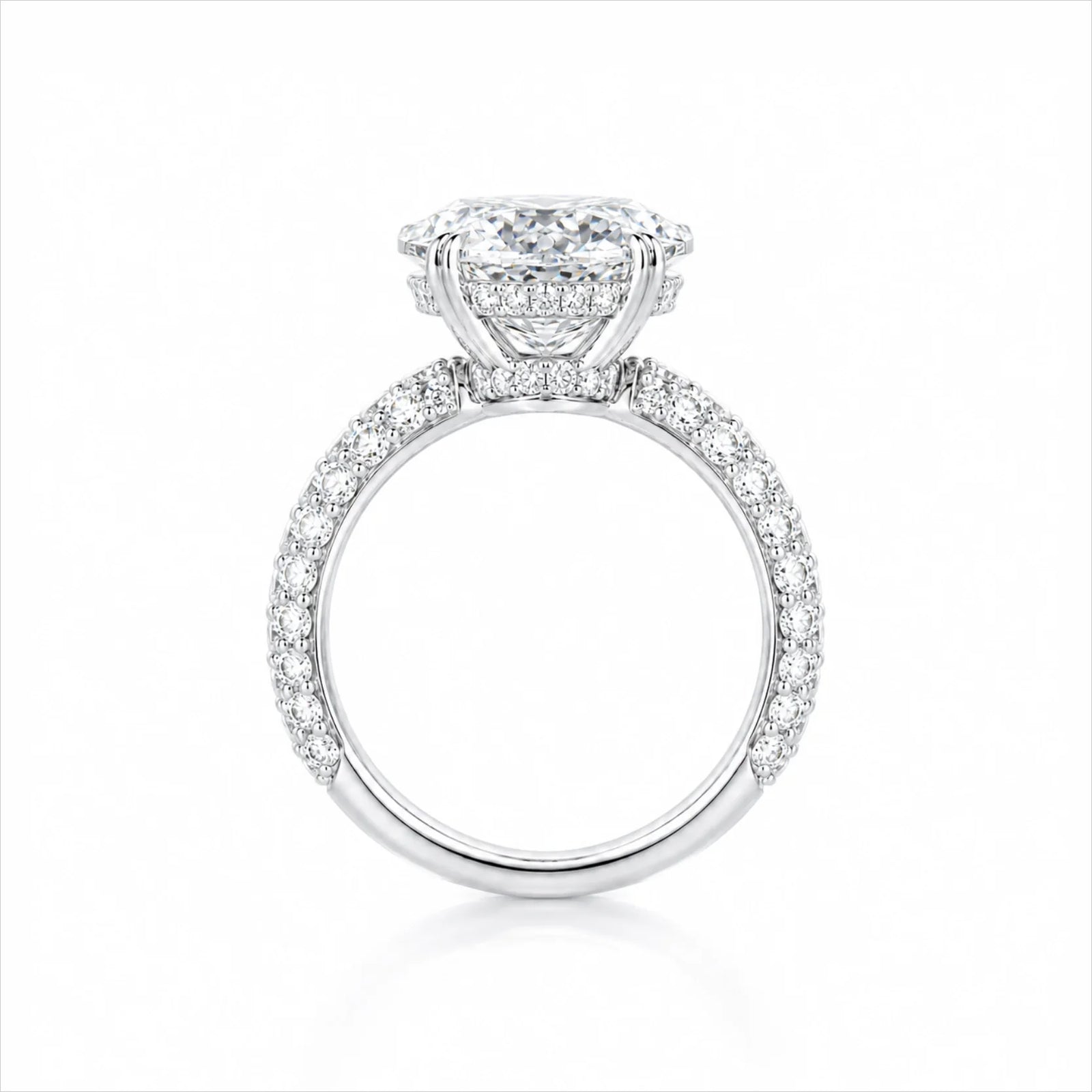 Oval Lab-Grown Diamond Solitaire Ring with Three-Row Pavé Band - White