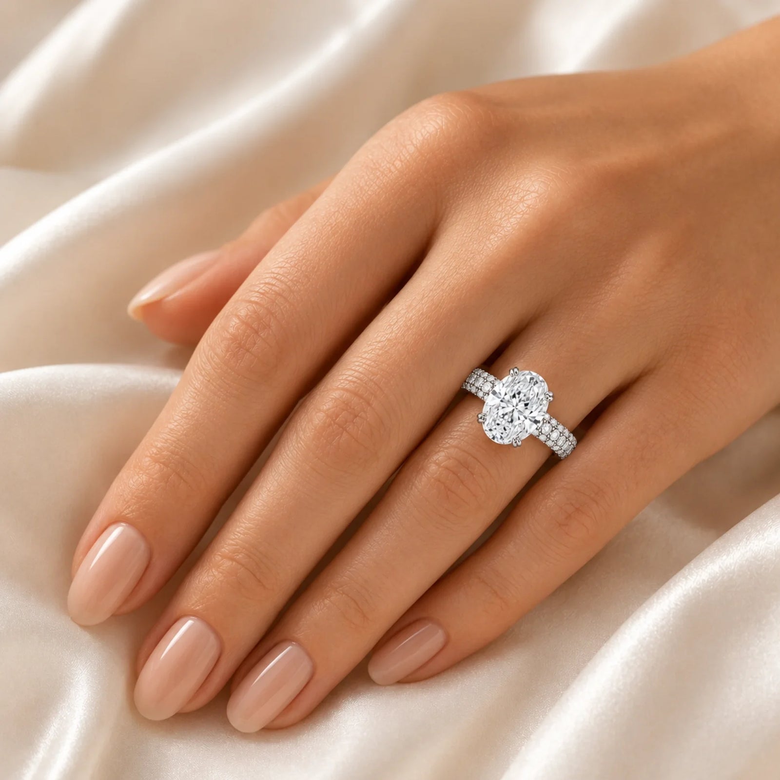 Oval Lab-Grown Diamond Solitaire Ring with Three-Row Pavé Band - White
