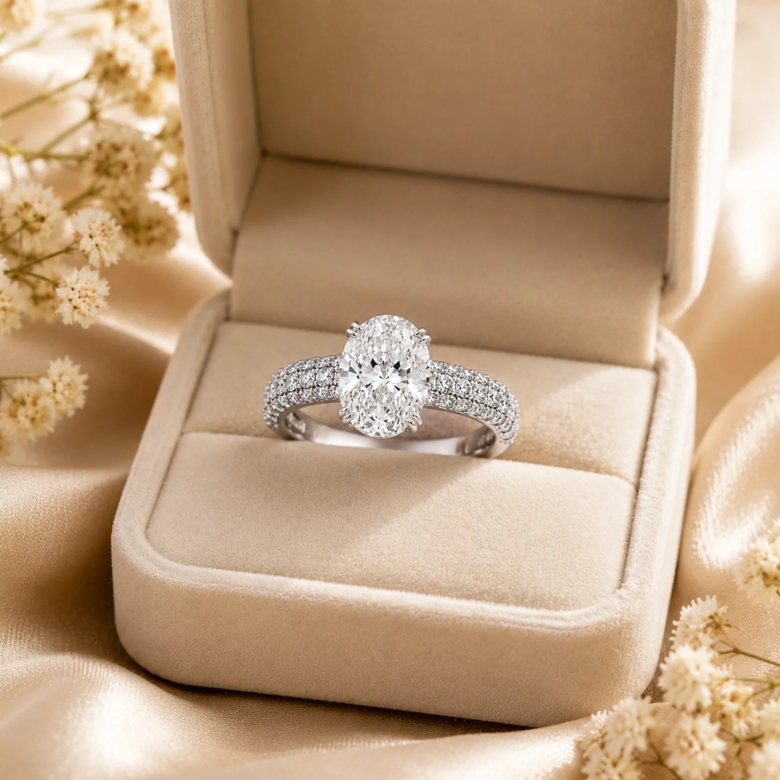 Oval Lab-Grown Diamond Solitaire Ring with Three-Row Pavé Band - White