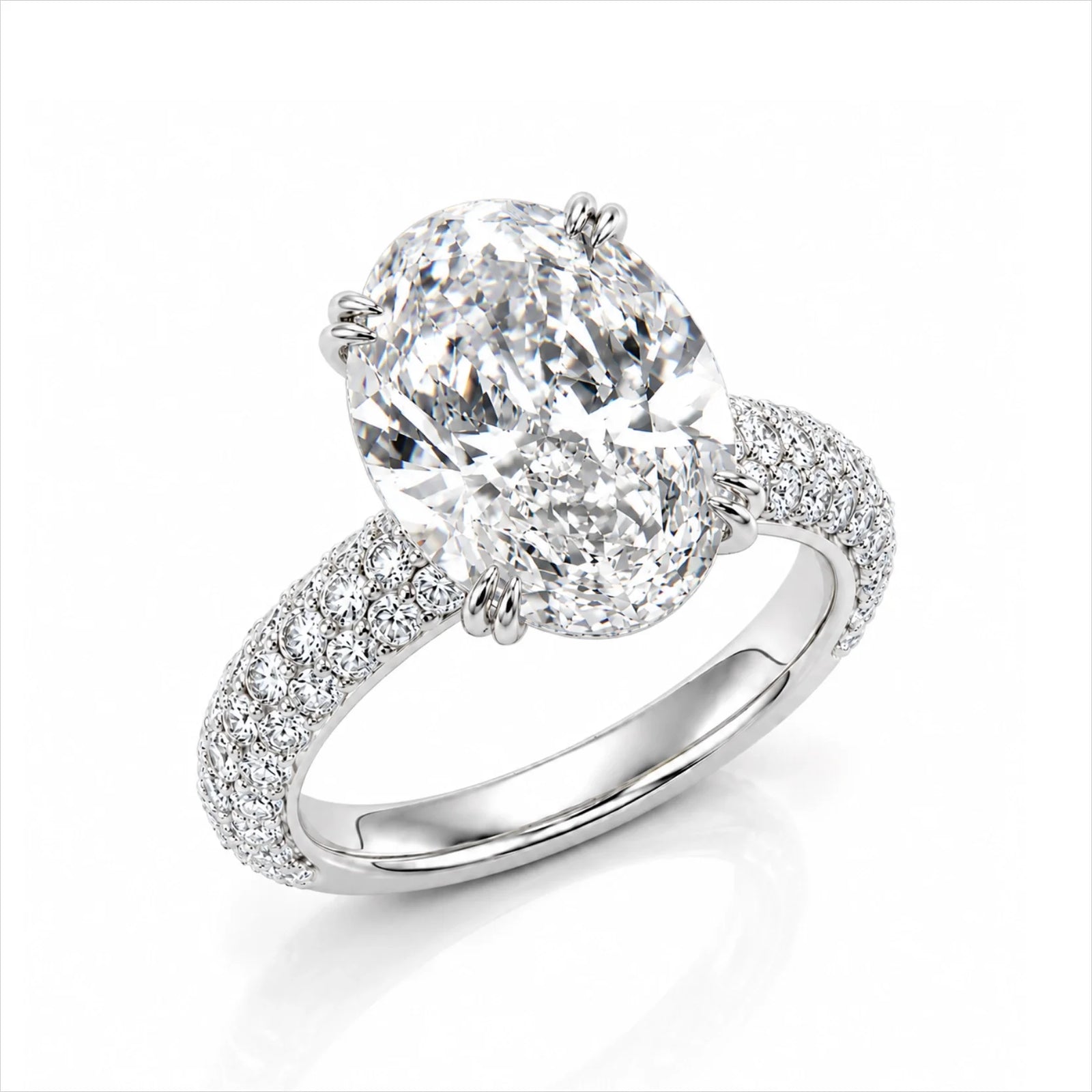 Oval Lab-Grown Diamond Solitaire Ring with Three-Row Pavé Band - White