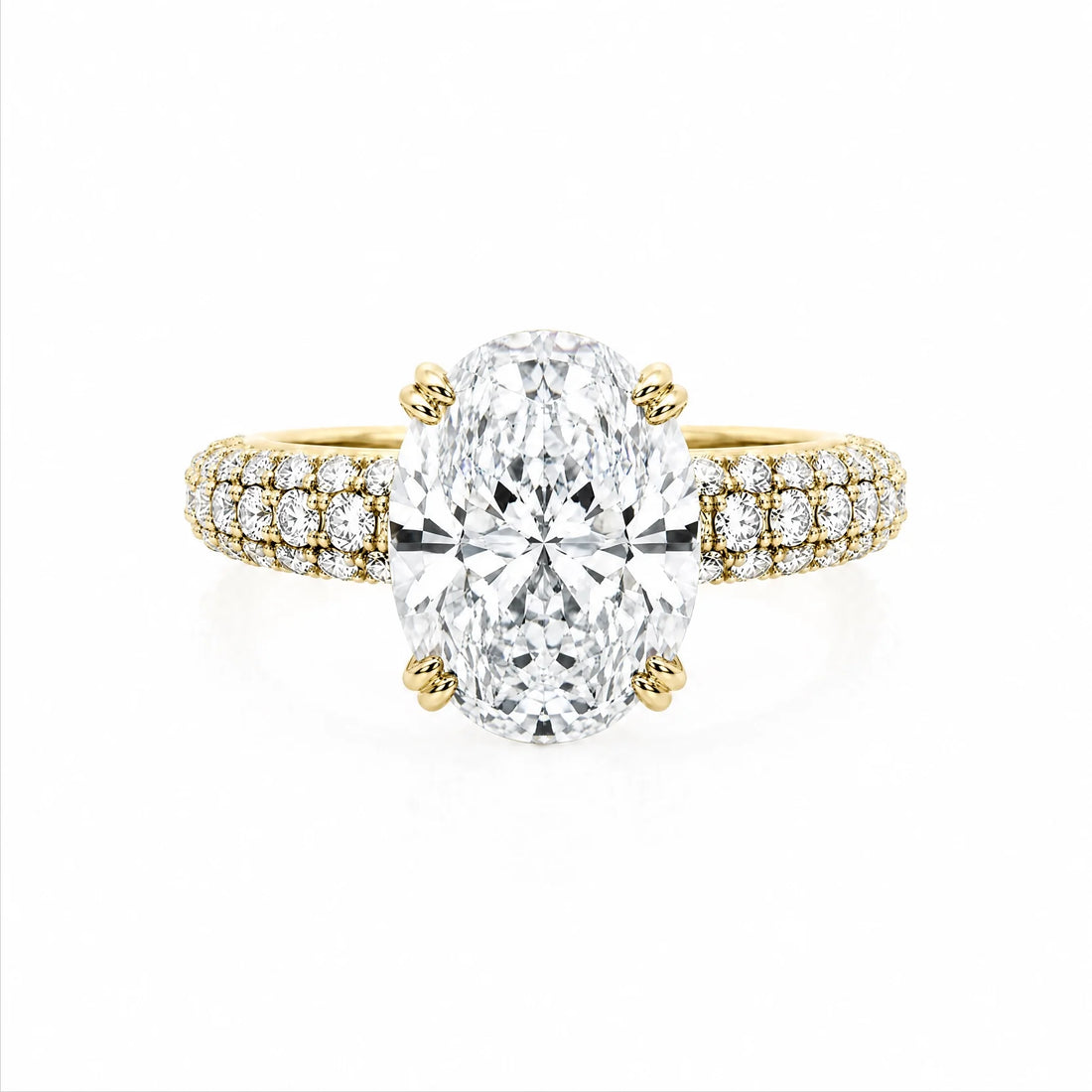 Oval Lab-Grown Diamond Solitaire Ring with Three-Row Pavé Band - Yellow Gold