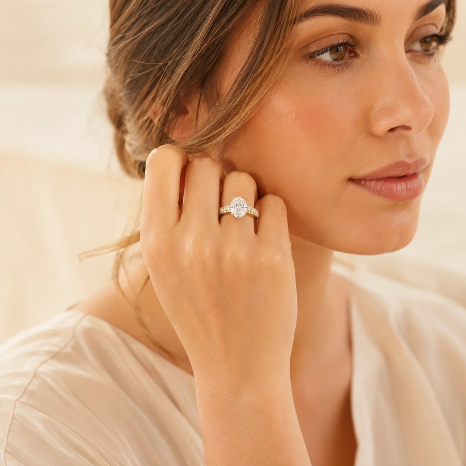 Oval Lab-Grown Diamond Solitaire Ring with Three-Row Pavé Band - Yellow