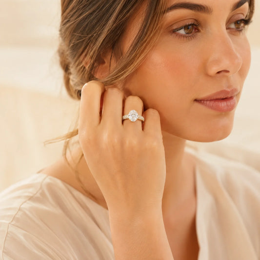 Oval Lab-Grown Diamond Solitaire Ring with Three-Row Pavé Band - Yellow