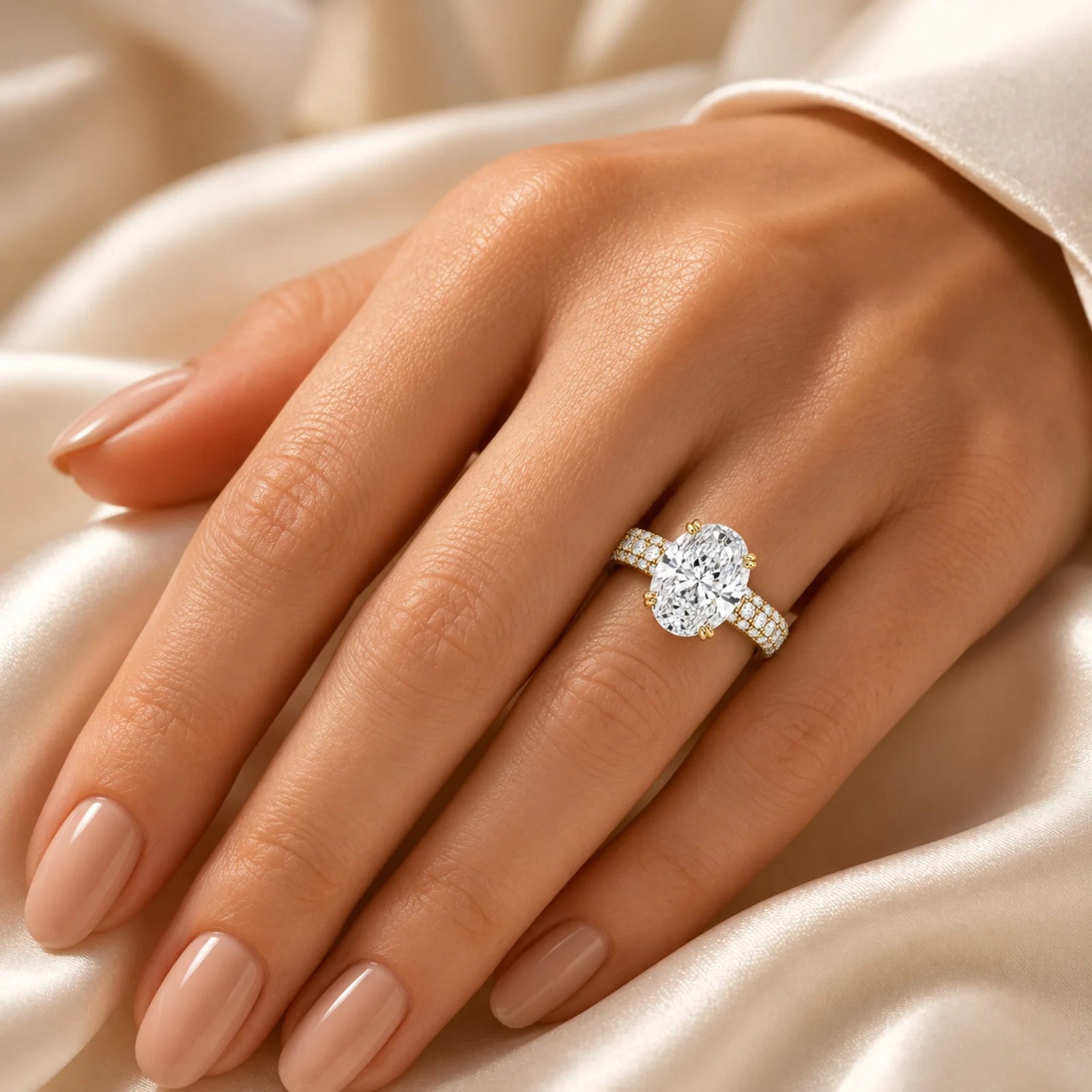 Oval Lab-Grown Diamond Solitaire Ring with Three-Row Pavé Band - Yellow