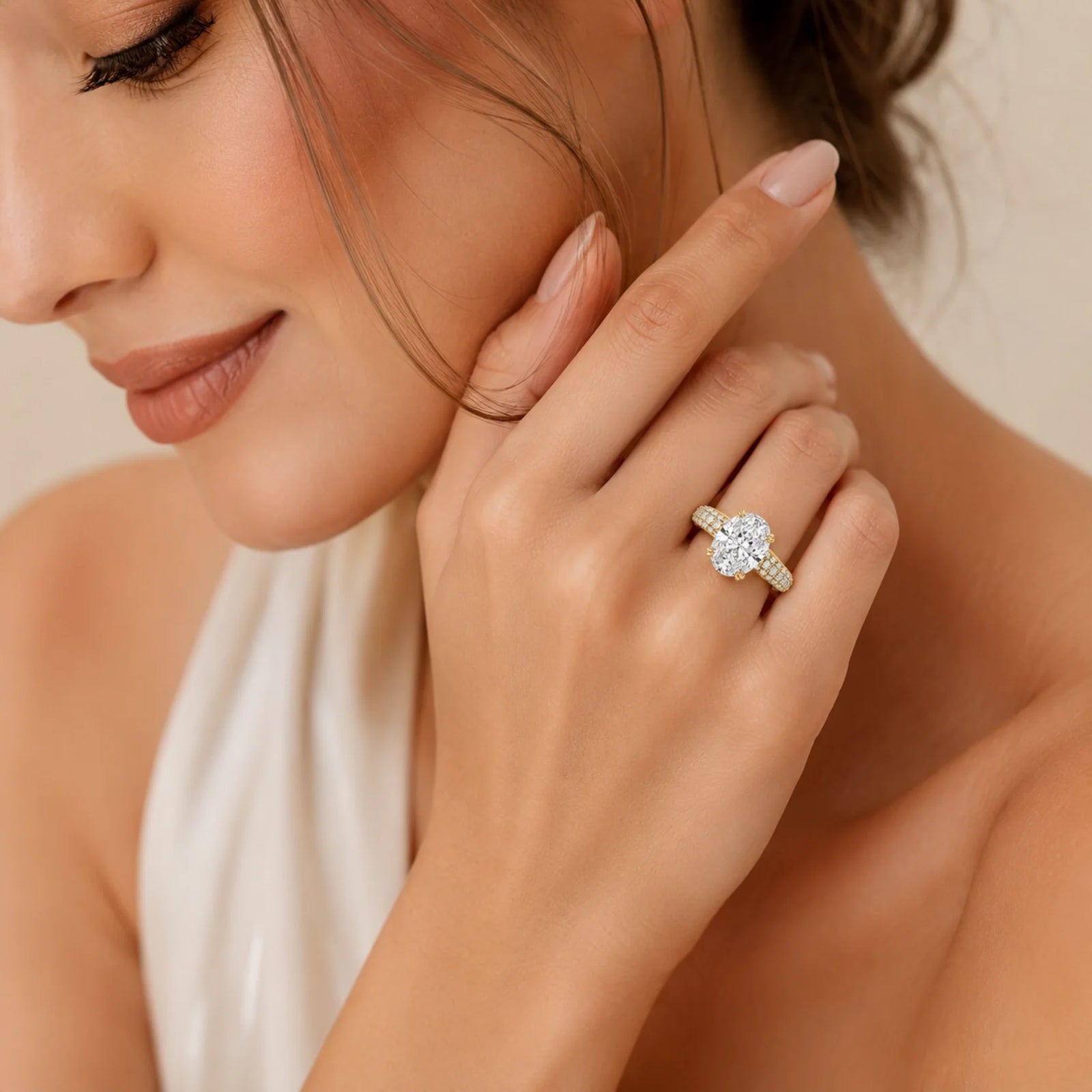 Oval Lab-Grown Diamond Solitaire Ring with Three-Row Pavé Band - Yellow