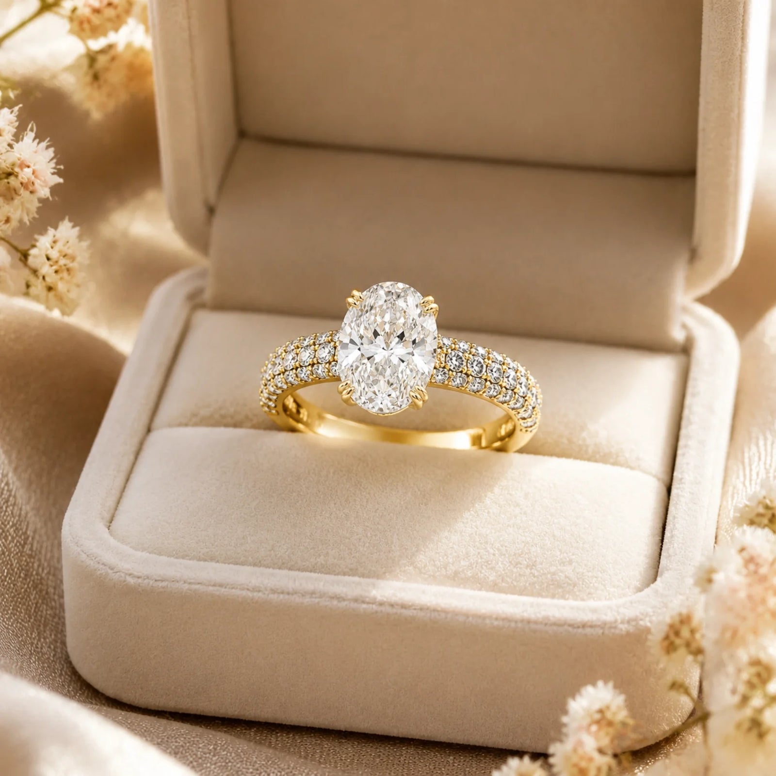 Oval Lab-Grown Diamond Solitaire Ring with Three-Row Pavé Band - Yellow