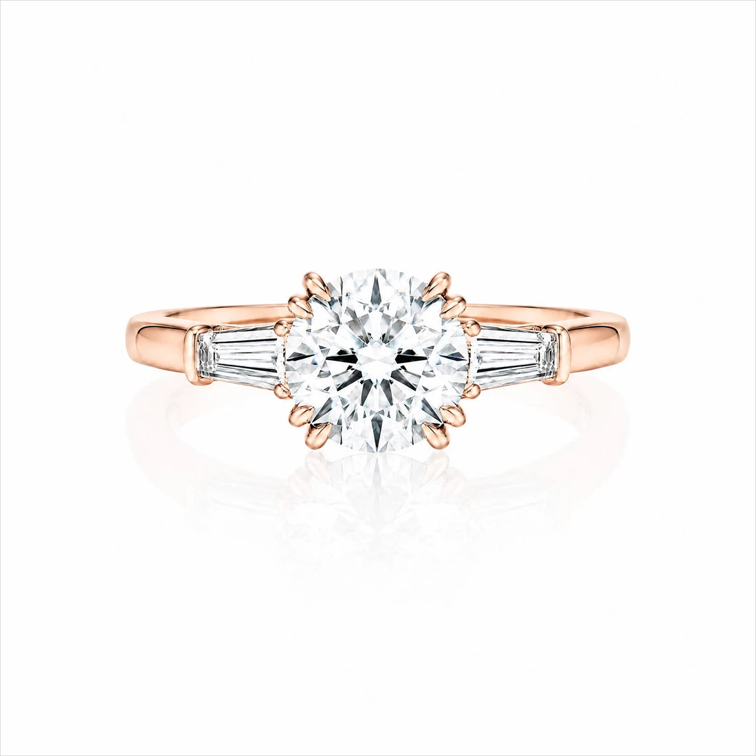 Round Lab-Grown Diamond Three-Stone Ring with Tapered Baguette Side Stones - Rose Gold