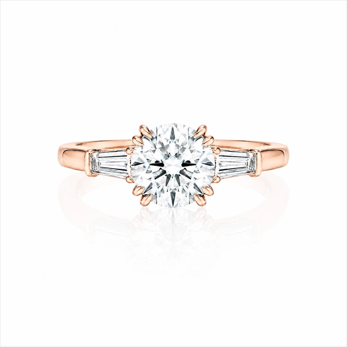Round Lab-Grown Diamond Three-Stone Ring with Tapered Baguette Side Stones - Rose
