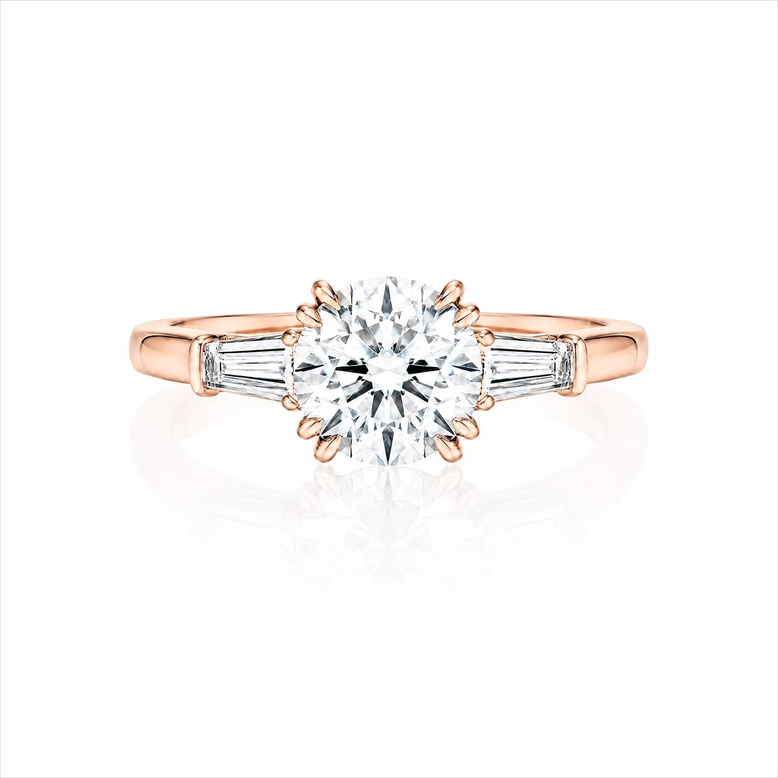 Round Lab-Grown Diamond Three-Stone Ring with Tapered Baguette Side Stones - Rose