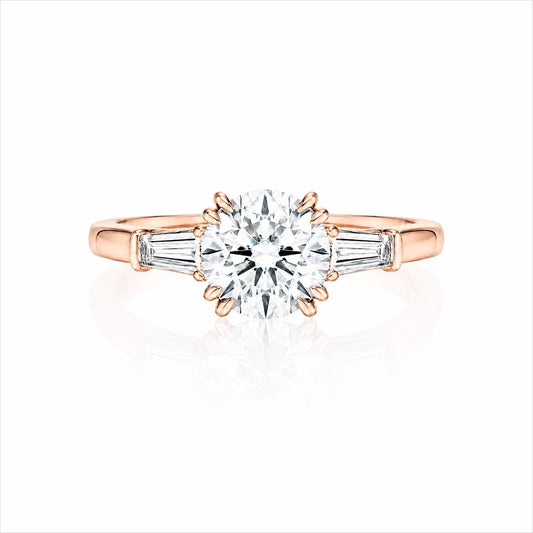 Round Lab-Grown Diamond Three-Stone Ring with Tapered Baguette Side Stones - Rose