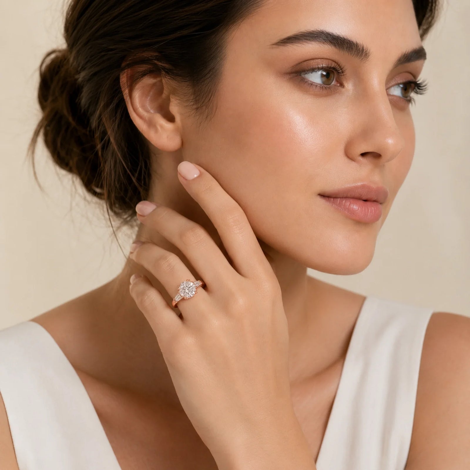Round Lab-Grown Diamond Three-Stone Ring with Tapered Baguette Side Stones - Rose