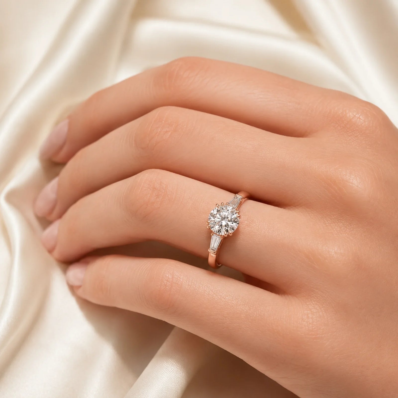 Round Lab-Grown Diamond Three-Stone Ring with Tapered Baguette Side Stones - Rose
