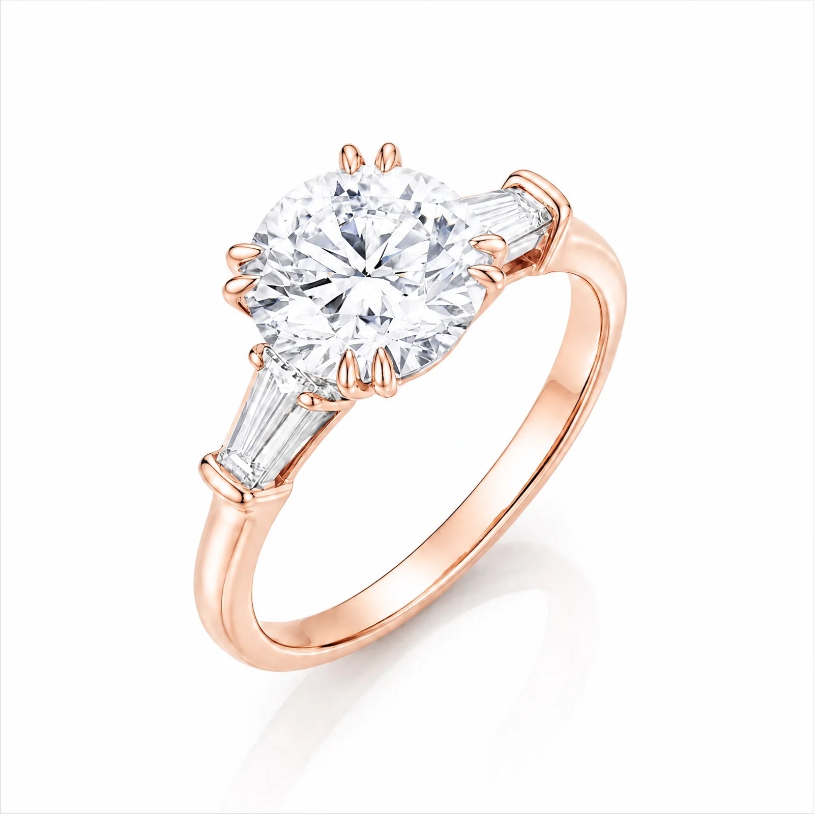 Round Lab-Grown Diamond Three-Stone Ring with Tapered Baguette Side Stones - Rose