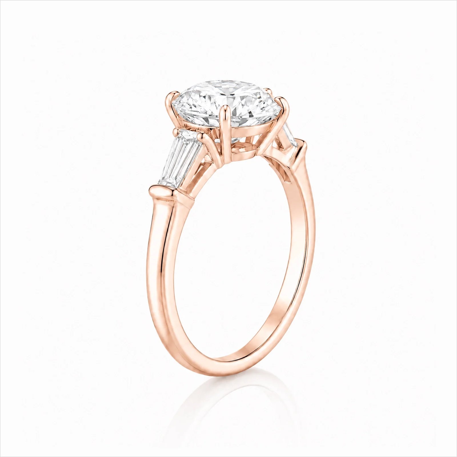 Round Lab-Grown Diamond Three-Stone Ring with Tapered Baguette Side Stones - Rose