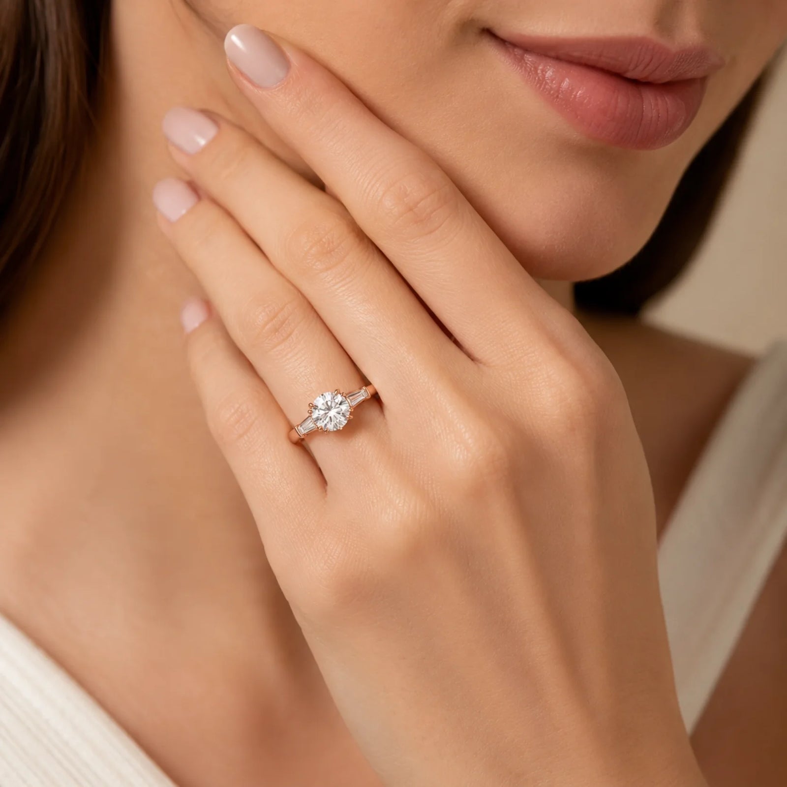 Round Lab-Grown Diamond Three-Stone Ring with Tapered Baguette Side Stones - Rose