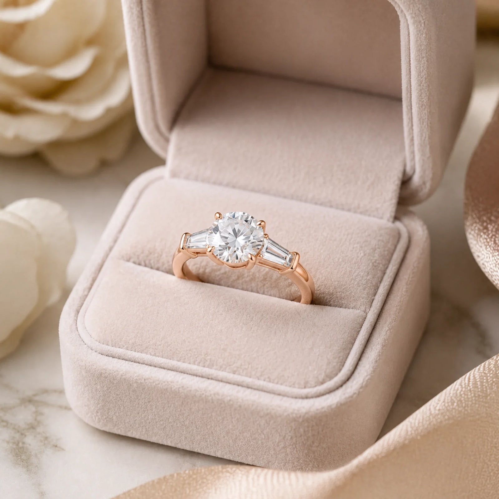 Round Lab-Grown Diamond Three-Stone Ring with Tapered Baguette Side Stones - Rose