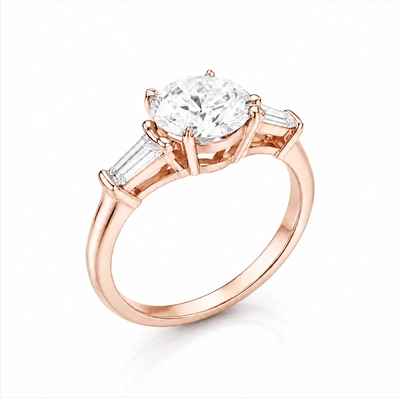 Round Lab-Grown Diamond Three-Stone Ring with Tapered Baguette Side Stones - Rose